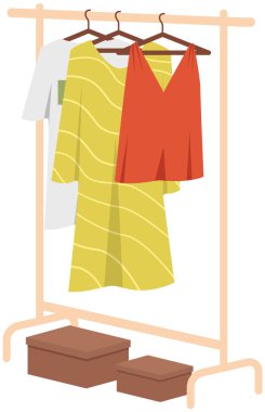 Gardırop, kadın giysileri soyunma odasında. Kıyafet seçmek, kıyafet konsepti için kıyafetler. Ev ya da butik iç mekan için askı. Soyunma odası ya da sergi salonu için askılarda asılı renkli elbiseler