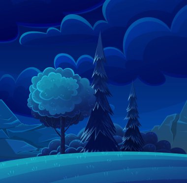 Ormanda geceleri ağaçlar ve bitkiler olur. Karanlık yabani orman arka planı, gizemli yer manzarası. Ağaçların vektör illüstrasyonuyla gece temizliği. Orman manzarası, karanlıkta dinlenme yeri.