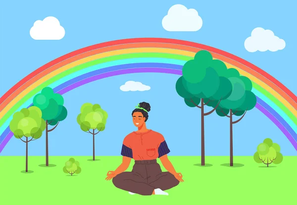 Chica Está Meditando Parque Sentado Césped Contra Telón Fondo Del — Archivo Imágenes Vectoriales