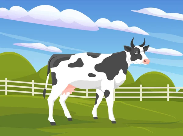 Bonita Vaca Branca Preta Manchada Prado Com Grama Verde Animal —  Vetores de Stock