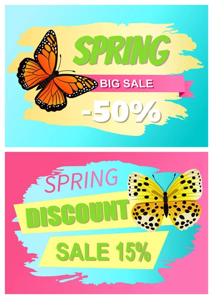 Frühling Großer Verkauf Etiketten Set Schmetterlinge Von Oranger Farbe Mit — Stockvektor