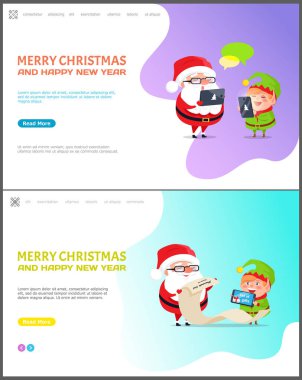 Mutlu Noeller ve mutlu yıllar web sayfası belirleme vektörü. Elf yardımcısı olan Noel Baba hediye almak için çocuk listesini kontrol ediyor, dizüstü bilgisayarlı telefonda sohbet ediyor.