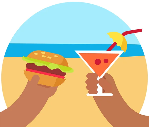 Γυαλί Εξωτικά Κοκτέιλ Και Burger Στην Τροπική Παραλία Αναψυχή Στη — Διανυσματικό Αρχείο