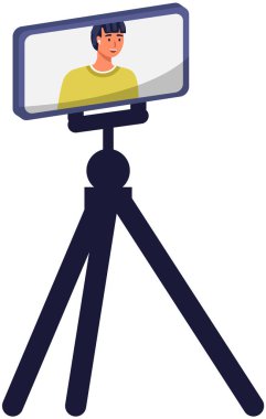 Telefon tripoda. İnsanlar akıllı telefondan yayın yapıyor. Canlı yayın. Video blogu kaydı, erkek blogcu cep telefonu ve tripod standı kullanıyor. Sosyal medya yayıncılığı için video hazırlama illüstrasyonu