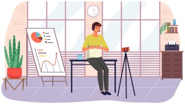 Müzakere oturumu, blog için blog kayıt videosu. Video çağrısı, podcast konsepti. Akıllı telefonu olan bir adam çevrimiçi toplantıda ekranda arkadaşıyla konuşuyor. Eğitim platformunda uzaklık öğrenimi