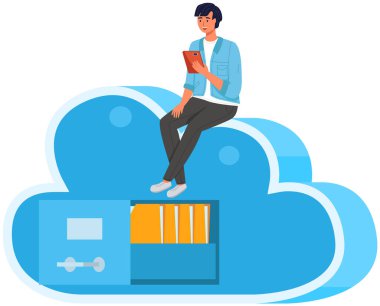 Adam sanal bulut deposunda çalışıyor. Bilgi ve kişisel veri koruma programı. İnternetteki sanal depolama sistemi. Erkek karakter dijital bulut web sitesinde çevrimiçi veri depoluyor