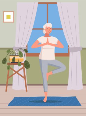 Evde egzersiz yapan genç bir kadın. Sportif kız yoga yapıyor, minder üzerinde meditasyon yapıyor. Sporcu kadın dairede kaslarını esnetiyor. Yogi fiziksel egzersiz yapar. Sağlıklı yaşam tarzı ve spor aktiviteleri