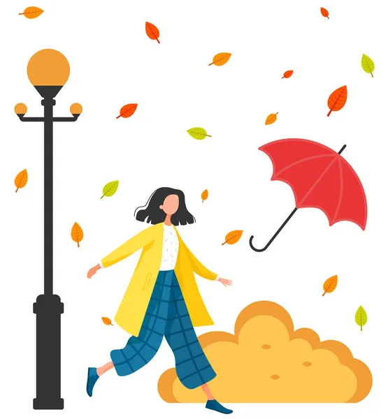 Young Woman Walking Umbrella Rain Girl Wearing Coat Lifestyle Autumn — Stock Vector