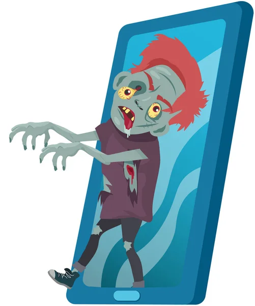 携帯電話中毒 ゾンビの怪物が歩き 彼の前に手を保つ 孤独な姿恐ろしい男の擬人化されたシルエット 中毒者による携帯電話の過剰使用のためのメタファー — ストックベクタ