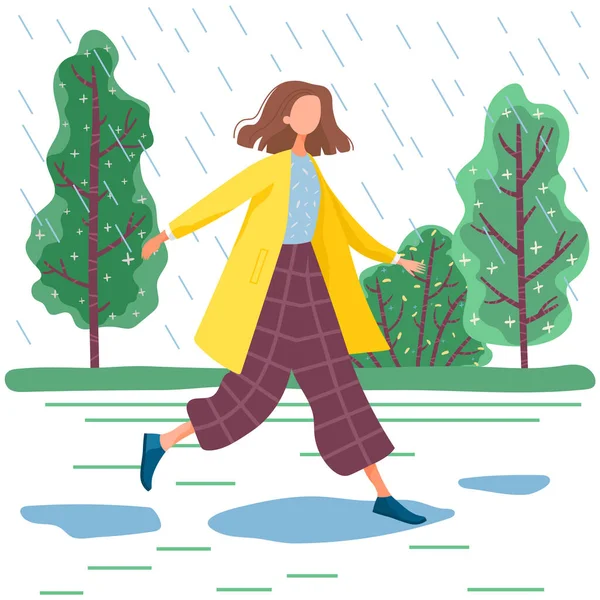 那位穿着外套 身披雨衣 身披雨伞的可爱的病媒女子 卡通女郎喜欢秋天的天气 在雨天愉快地走过水坑 秋天的天气 公园里的水滴 — 图库矢量图片