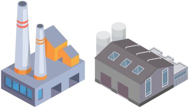 Fabrika ya da endüstriyel fabrika. Çatısında pencere önü boru hattı olan bir kostüm. Fabrika prömiyeri. Asansör ya da tahıl ambarı, işleme endüstrisi, üretim odası beyaza izole edilmiş.