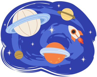 Rocket and planets on blue background. Spaceship flying among celestial objects and stars. Cute astronomical shapes, cosmic design elements. Sky landscape with flying rocket and heavenly bodies