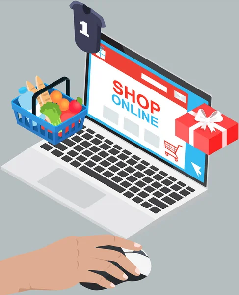 Koncept Online Nakupování Muž Nakupující Používat Notebook Internet Zařízení Koupit — Stockový vektor