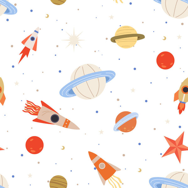 Seamless childish pattern with space elements. Creative background with astronaut flying among rockets and planets. Design of galaxy print for kids abric, wrapping, wallpaper, textile, apparel