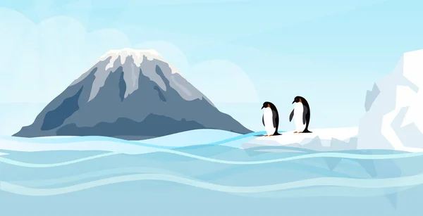 北極の山の風景 冬のパノラマビュー ペンギンと雪の山の生活自然シーン 雪に覆われた火山の眺め 北極や南極での冬の美しい景色 — ストックベクタ