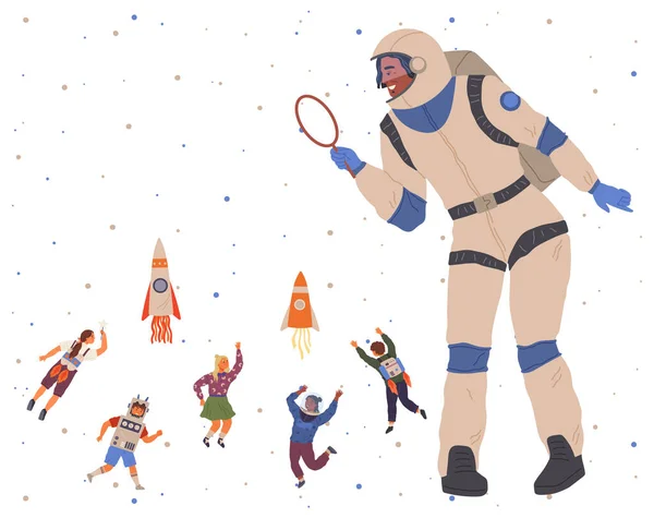 Set Happy People Different Costumes Space Party Characters Dressed Astronauts — Image vectorielle