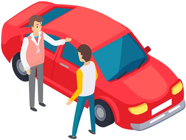 Muži Stojí Blízko Červeného Auta Kolegové Diskutují Automobilu Koupi Nákup — Stockový vektor