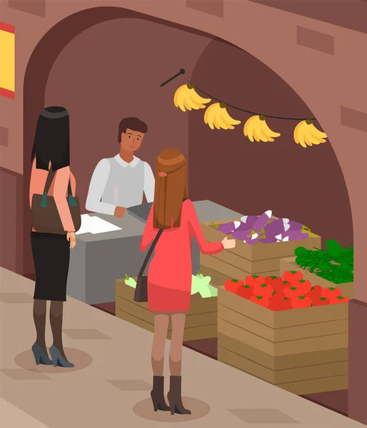 시장의 관광객들은 카운터 야채와 과일을 아시아 판매자 — 스톡 벡터
