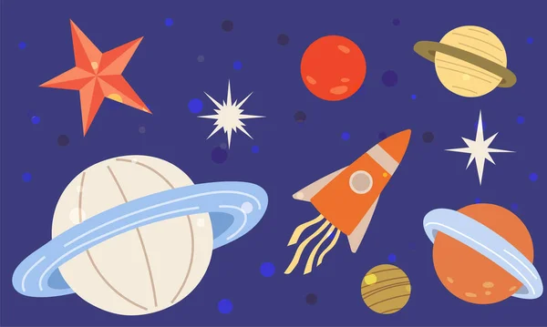 Rocket Planets Blue Background Spaceship Flying Celestial Objects Stars Cute — Stock vektor