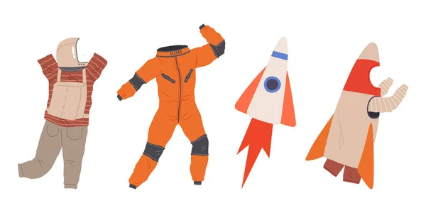 Verschillende Kostuums Voor Mensen Het Ruimtefeest Kleren Voor Astronauten Personages — Stockvector