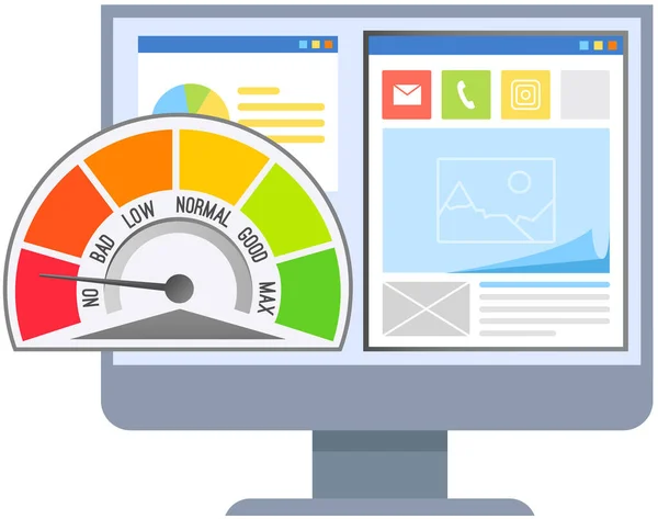 Computermonitor Met Snelheidstest Het Scherm Laadsnelheid Vector Tijd Web Browser — Stockvector