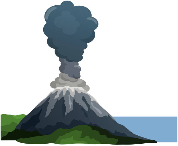 Strong jet of effluent hot lava. Erupting rock pinnacle volcano disaster with burning fire. Volcanic eruption mountain with magma in exotic village. Volcano with lava on tourist tropical island