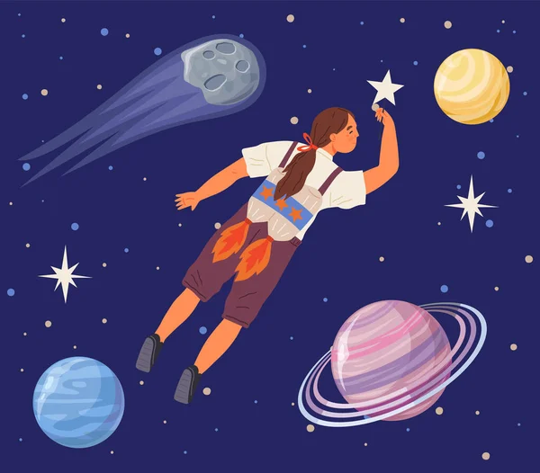 Space Party Vector Female Astronaut Cosmonaut Spaceship Comets Rocket Alien — Vetor de Stock
