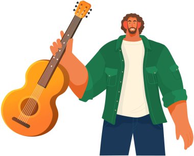 Erkek sokak yakışıklı gitaristi akustik gitar çalıyor. Canlı performans çizgi film stili. Genç stil sahibi adam elinde müzik aleti tutuyor. Beyaz sakallı müzisyene izole edilmiş bir şekilde duruyor.