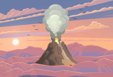 Güçlü sıcak lav püskürtüsü. Yanan ateşle kaya volkanı felaketi patlıyor. Egzotik köyde magmalı volkanik patlama dağı. Turist adasında volkan ve lav.