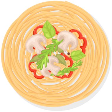 Akşam yemeği ya da kahvaltı, ev yapımı İtalyan spagettisi. Restoran ya da kafe müşterileri için yapılmış bir yemek. Mantarlı ve sebzeli lezzetli vermicelli. Makarna veya makarna, İtalyan ulusal mutfağı.