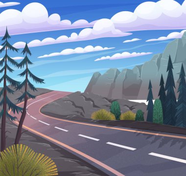 Dağlara giden yol. Asfalt boş yol, kayalık yaz zamanı kırsal alanda kıvrımlı boş otoyol. Hız yolu yılanı manzaralı arka plan Tepeler ve mavi bulutlu gökyüzü