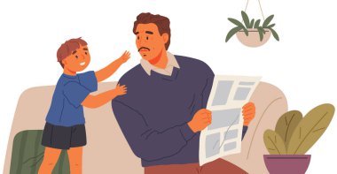 Küçük çocuk kanepede oturup gazete okuyan babasının dikkatini çekmeye çalışıyor. Çocuk bakımı kavramı, ebeveynler çocuklara çok az zaman ayırır. Modern eğitim ve ebeveynlik sorunları