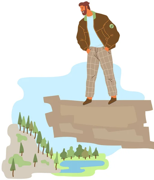 Άνδρας Σακίδιο Ταξιδιώτη Εξερευνητή Που Στέκεται Στην Κορυφή Του Βουνού — Διανυσματικό Αρχείο