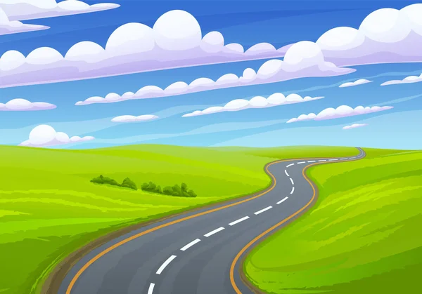 自然の緑 輝く太陽と澄んだ空の景色 パス高速道路での夏の冒険旅行 道路の自然への道 休暇への道 旅行の場所です 風景の背景にアスファルト高速道路 — ストックベクタ