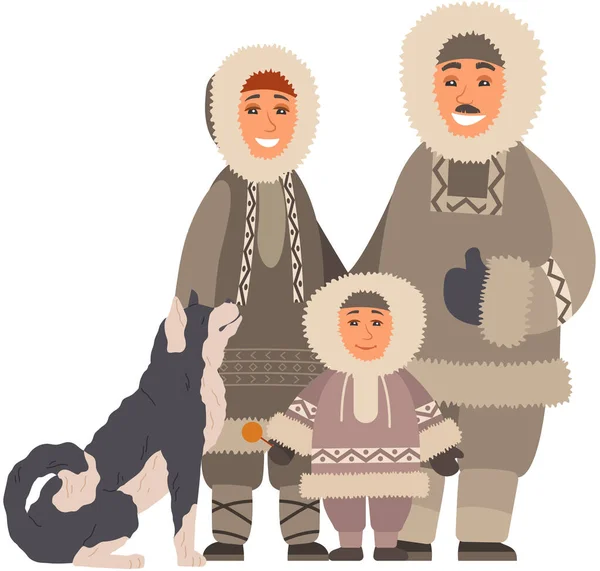 Eskimo Familie Moeder Vader Zoon Staan Met Pluizige Sledehond Lachende — Stockvector