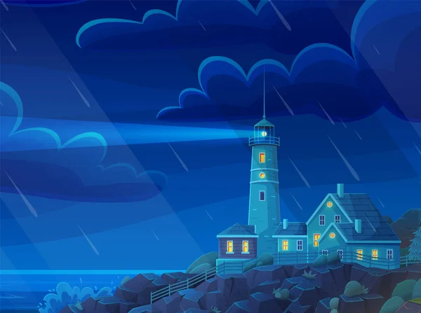 Lighthouse on coast in ocean in evening in rainy weather with thunder, with waves, stars and clouds. Night view of seacoast with lighthouse during rain. Landscape of nature with sea, nautical light
