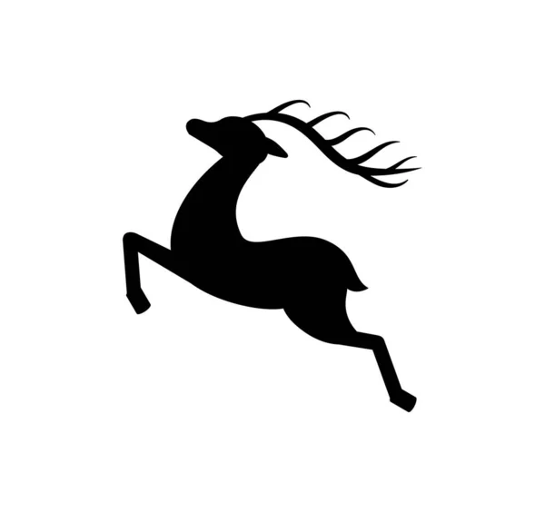 トナカイのシルエット黒のモノクロームのアイコンを白で隔離 鹿の動物のランニングやジャンプ 分岐角を持つ哺乳類 新年とクリスマスのシンボル — ストックベクタ