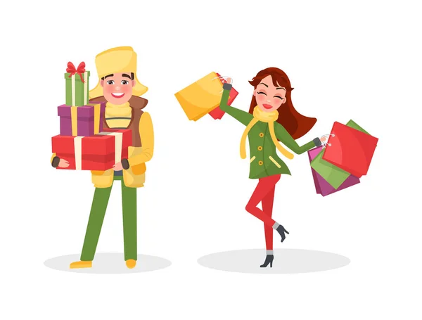 Рождественские Покупки Люди Готовятся Зимним Праздникам Вектор Мужчина Грудой Подарочных — стоковый вектор