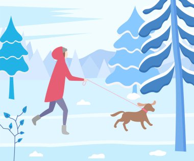 Tasmalı kadın karakter tasması. Kış ormanının sahibi ve köpeği. Parkta koşan kalın elbiseli bir kadın. Ağaçlar ve yapraklarla kaplı karlı bir manzara. Kar vektöründe düz biçimli köknar