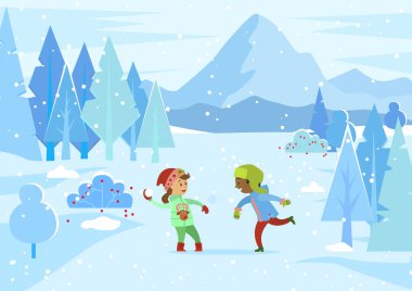 Çocuklar kış parkında eğleniyor. Erkek ve kız dışarıda kartopu savaşı oynuyorlar. Çocuklar kalın kıyafetler giyip kardan top atıyorlar. Tatillerde ya da tatillerde kardeş oyunu, düzlükte vektör