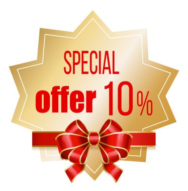 Kurdele ve yay sembollerinin kırmızı renkte olduğu yüzde 10 'luk bir poster süslemesi. Süper promosyonlu altın çıkartma ya da rozet. Süper indirim vektörüyle yıldız şeklinde pazarlama logosu