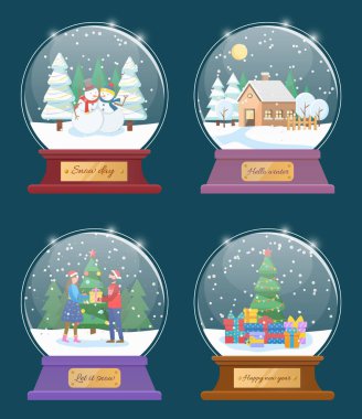 Kar küreleri, izole edilmiş Noel temalı oyuncaklar. Yılbaşı hediyesi veren çift. Çam ağacı, çelenkler ve hediyeler. Kardan adam figürleri ve karlı çatılı ev düz stil vektörü