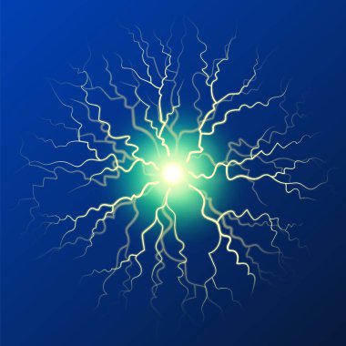 Yıldırım bir noktada yoğunlaştı. Gök gürültüsü etkisi N-Blue 'yu izole etti. Parlak bir cıvata, soyut dekorasyon. Gök gürültüsünün güçlü enerjisi. Işıl ışıl parlıyor. Düz biçimli vektör