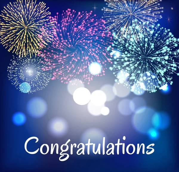 Renkli havai fişeklerle birlikte tebrik kartı. Mavi renkli bayramlık kartpostalı selamlıyorum. Düz tasarım vektöründe parlak parıltılı sembollerle süslenmiş doğum günü harfleri