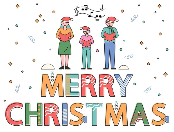 Aile, kış Xmas tatiliyle eğleniyor ve birbirini selamlıyor. Beyaz arka planda insanlarla dolu renkli vektör başlığı mutlu noeller. Anne, baba ve çocuk içinde hediyeler olan kutuları tutuyorlar.