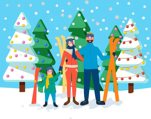 家族で一緒に雪の森や公園に立つ 父とスキーで彼らの子供 スキーに行く準備ができている人々 親は子供とレクリエーションの冬の活動をして時間を過ごす 平面ベクトル — ストックベクタ