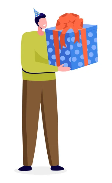 Personaje Masculino Con Sombrero Celebración Sosteniendo Gran Regalo Con Lazo — Vector de stock