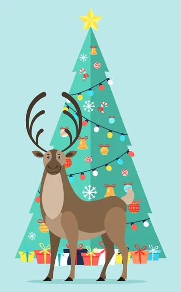 大きな北の動物のモミの木の近くに立つ 大きな角を持つ北トナカイ クリスマスボールとガーランド キャンディーカンヌと雪のフレークで飾られた祭りの松 平型ベクトルイラスト — ストックベクタ