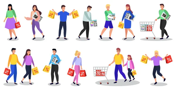 Conjunto Personas Caminando Compras Personajes Con Bolsos Compra Regresando Tienda — Archivo Imágenes Vectoriales