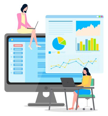 Kadın dizüstü bilgisayar kullanarak masada oturuyor, müşteri ya da yöneticiyle sohbet ediyor, internette satıyor. Kucağında aptop, video konferansı, web sitesi ya da sohbet ekranı olan kız dev ekranda oturuyor. Pasta tablosu, bar tablosu